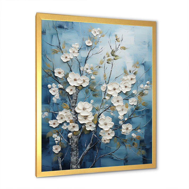 Blanc et bleu fleurs d'hiver - art mural forêt, Cadre photo doré, H 20 po x l 12 po x P 1 po