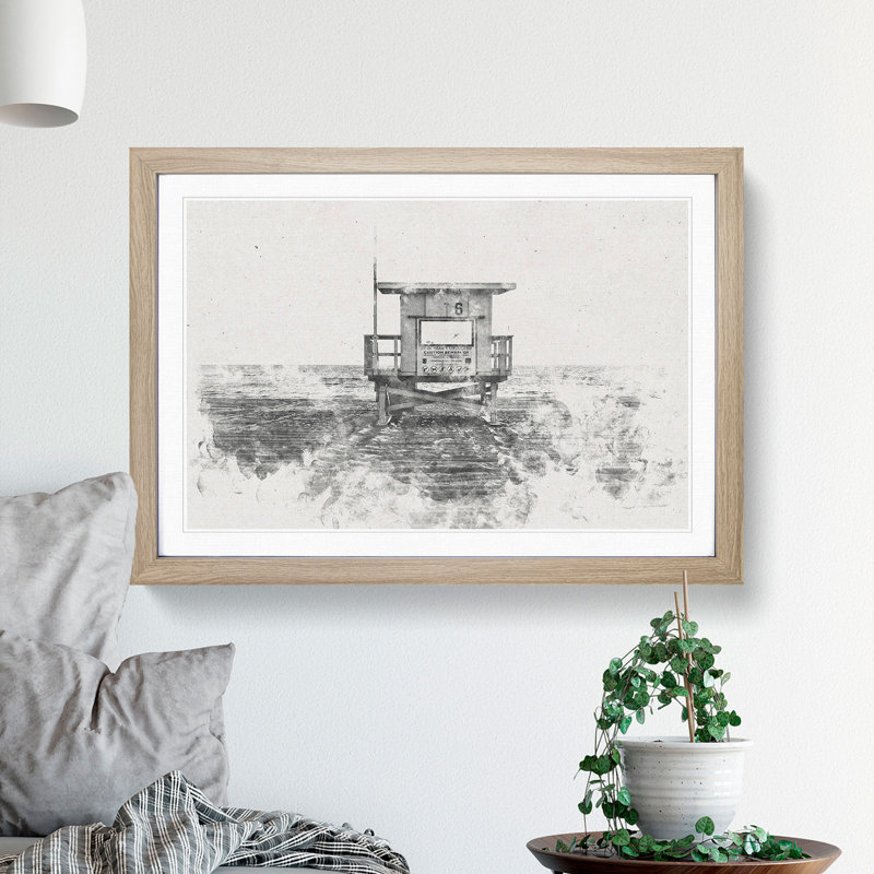 Lifeguard Station upon the Beach - Picture Frame Painting Print, 62cm H x 87cm W x 2cm D, Oak Framed