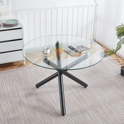 Table de salle à manger ronde avec plateau en verre et 3 pieds en métal