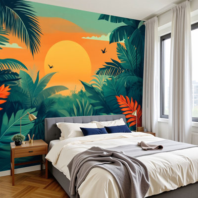 Papier peint adhésif de style jungle tropicale, feuillage vert, feuilles d'orange vibrantes, feuilles murales amovibles H 100 po x l 144 po, papier peint amovible en PVC pour chambre à coucher, bureau à domicile