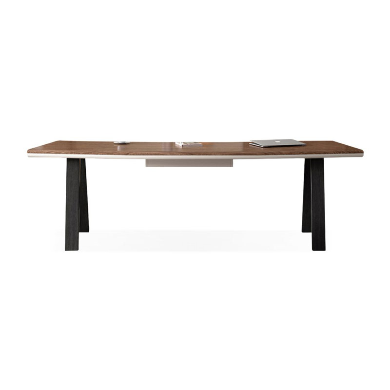 Bureau d'écriture en bois manufacturé courbé noisette avec tiroirs, H 29,53 po x l 55,12 po x P 27,56 po