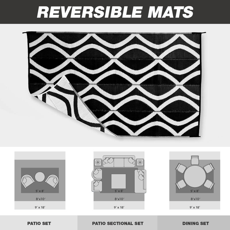 White/Black Indoor/Outdoor Area Rug, Rectangle 9' x 6'