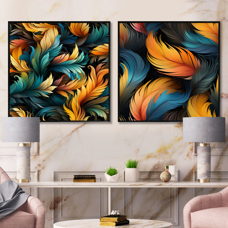 Plume orange et sarcelle, ensemble de 2 oiseaux carrés, Cadre flottant noir, H 16 po x l 33 po