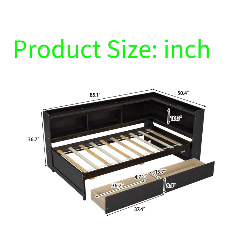 Bed Frame With L-Shaped Bookcases, Built-In Charging Station & Storage Drawers,  Headboard Shelves, Space-Saving Design For Kids Teens Bedroom, Easy Assembly
