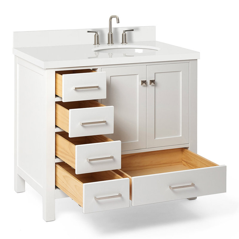 Cambridge 37'' W Single Vanity, White, Pure White Quartz, Oval