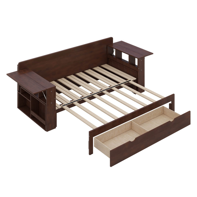 Lit de jour avec bureau amovible - Tiroirs de rangement et table d'appoint hydraulique, Grand lit, Espresso