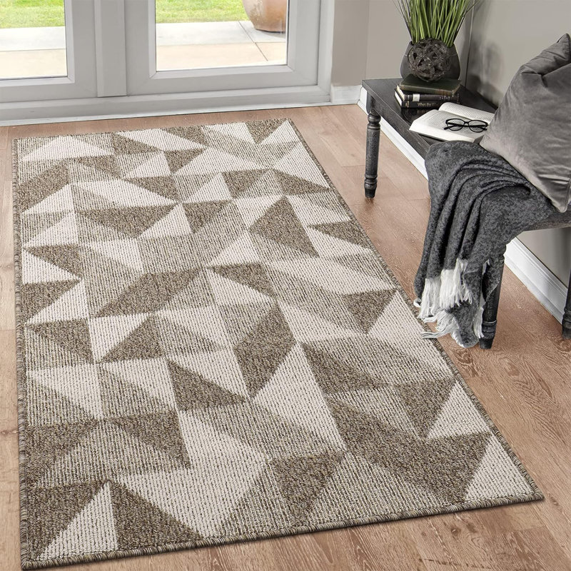 Brown and White Geometric Polypropylene Outdoor Doormat with Rubber Backing