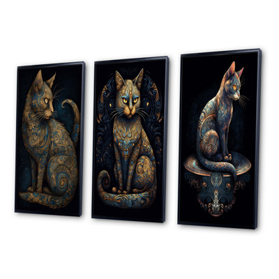 Blue Glamorous Retro Gold Cat I - Animals Cat Art Set Of 3 Pieces
