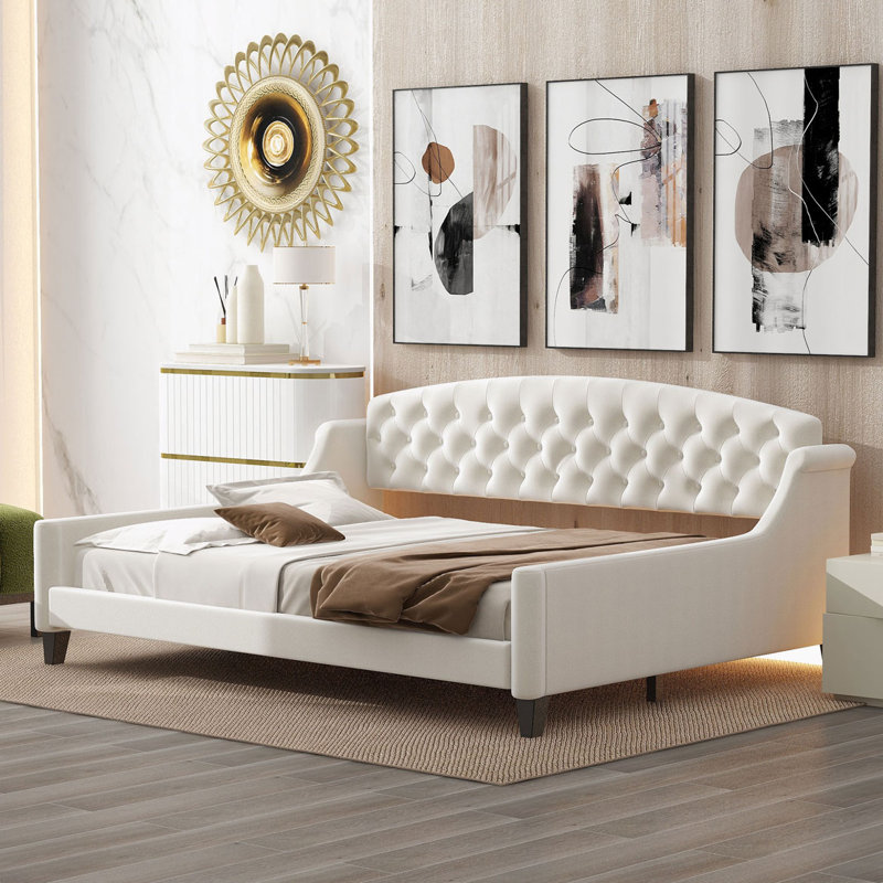 Lit de jour à boutons capitonné de luxe moderne, Lit double, Beige