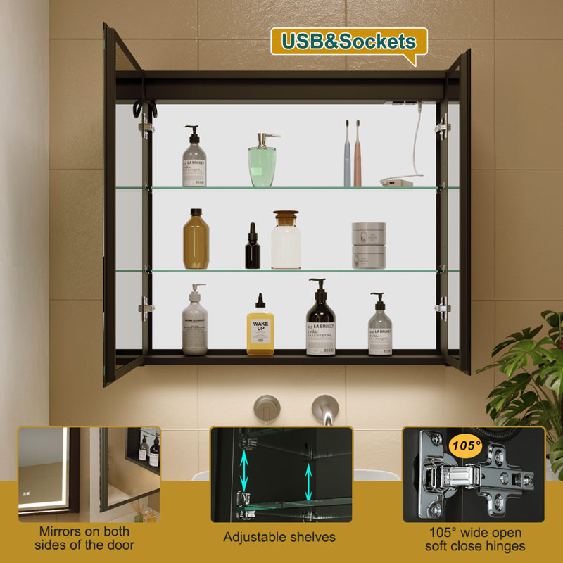 Ladell 30'' W Led Bathroom Medicine Mirror Cabinet, Defog, Dimmable, 3-Color Mode, Outlets & Usbs, Double Door