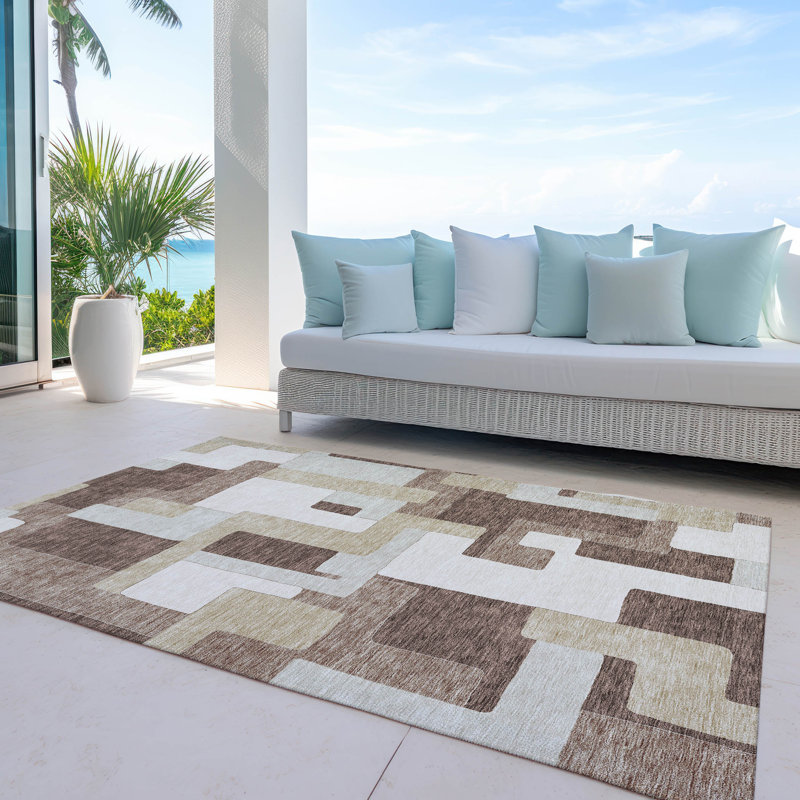 Brown Geometric Rectangular Synthetic Indoor/Outdoor Rug