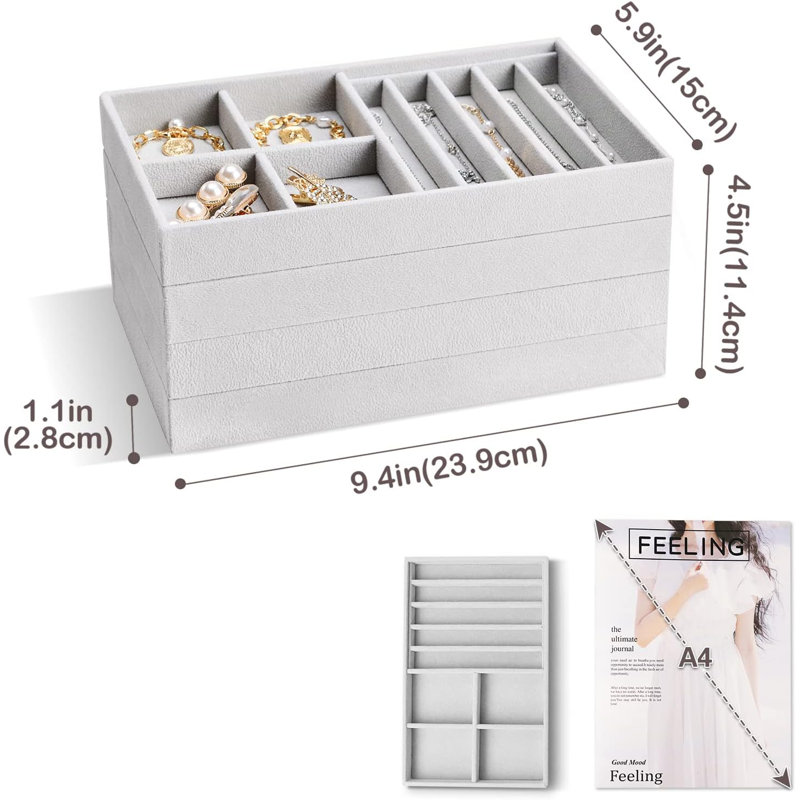 Stackable Jewellery Organizer Trays for Drawers, Jewellery Drawer Inserts Container Display Case Storage, Grey