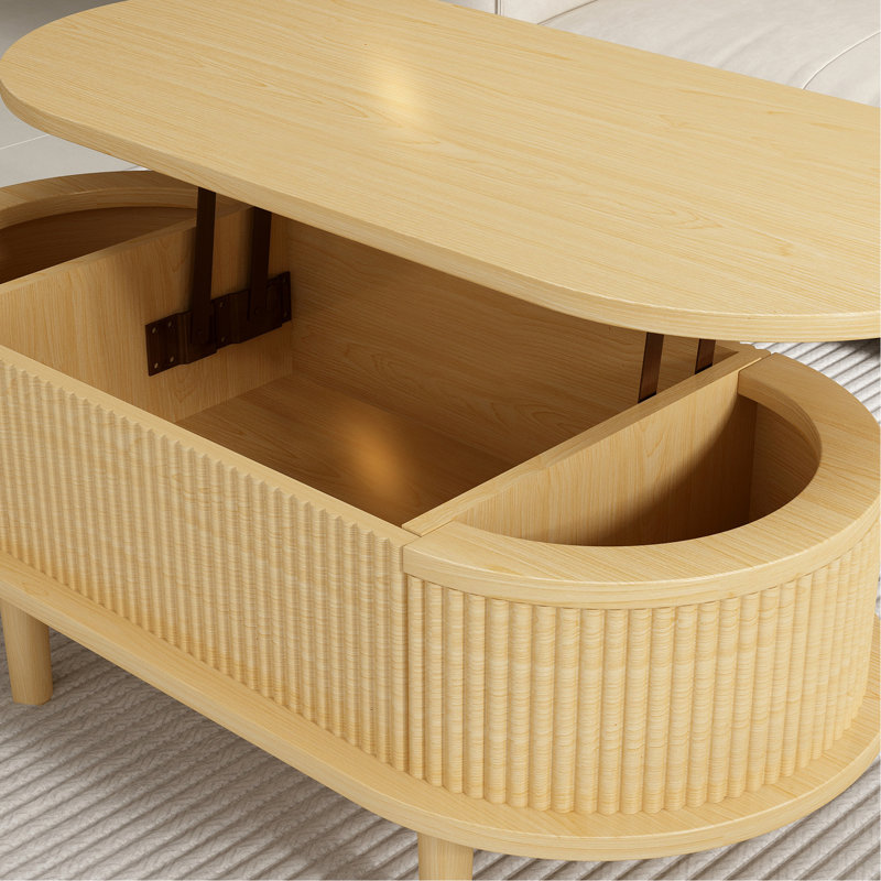 Table basse à plateau relevable avec panneaux cannelés, couleur naturelle, support hydraulique stable pour la table de la maison, rangement Mid-Century moderne, compartiments cachés