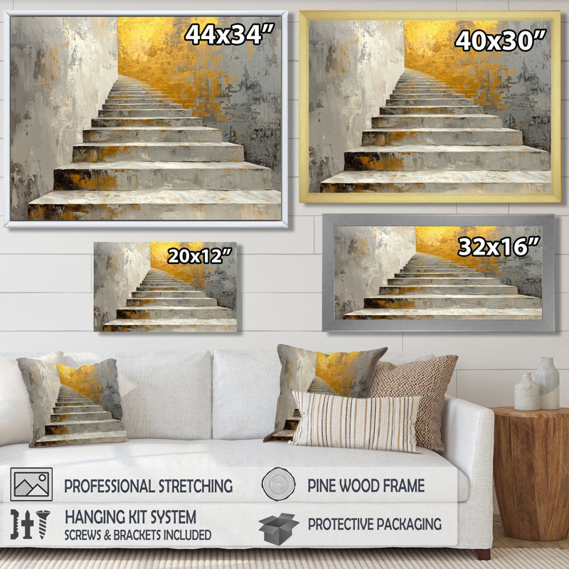 «Urban Silence Stairs To Heaven II», art mural futuriste, H 12 po x l 20 po, Impression encadrée flottante, Crème, crème