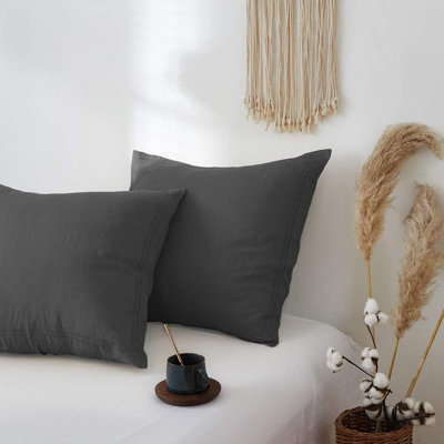 100% French Linen Euro Shams With Embroidery (26'' X 26'') - Pack Of 2 - Pre Washed Solid Color Natural Flax Soft Breathable