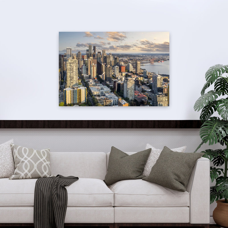 Sunny Seattle Cityscape Modern Vibrant Abstract Architecture City Wall Art Print 1 Piece Wrapped Canvas Wall Art