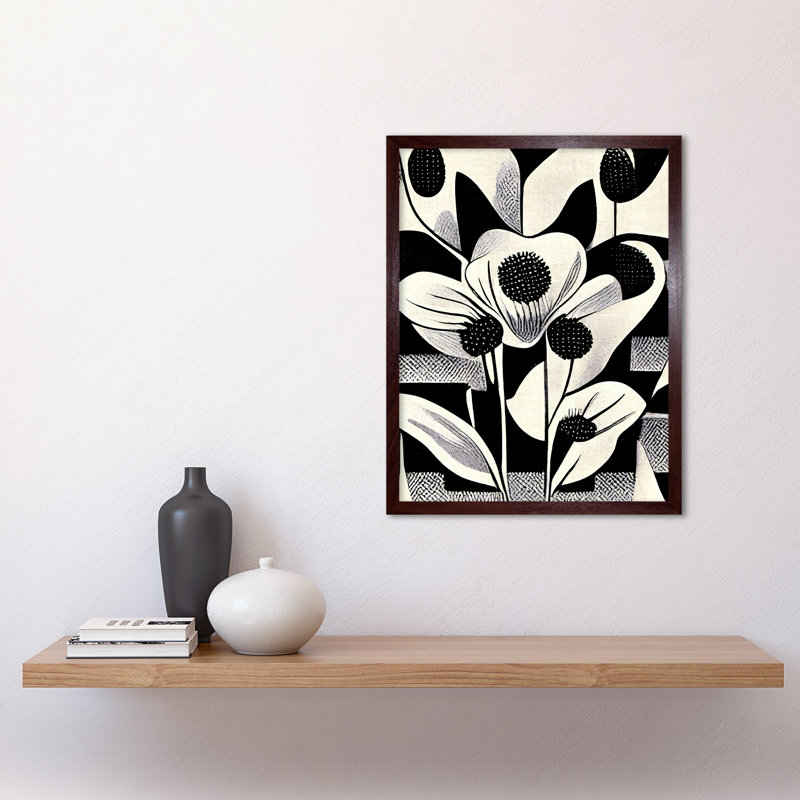 Monochrome Abstract Retro Flower Pattern - Print, Brown Framed Paper, 43cm H x 33cm W