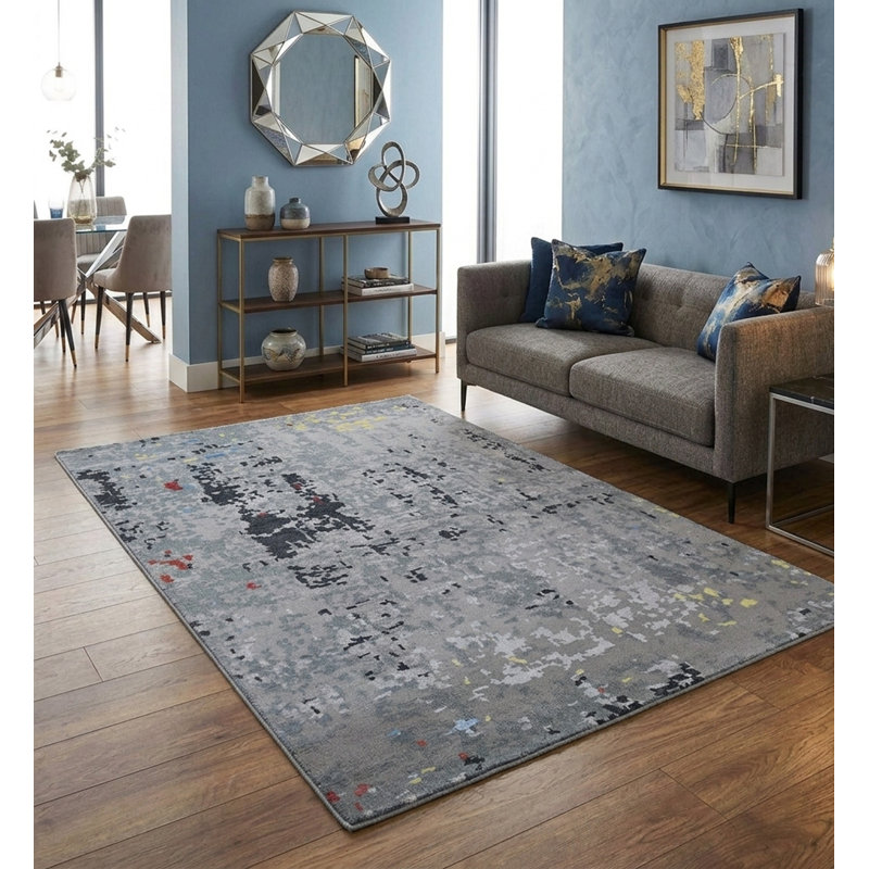Tapis intérieur rectangulaire gris en soie et laine noué à la main, Rectangle 6 pi x 9 pi