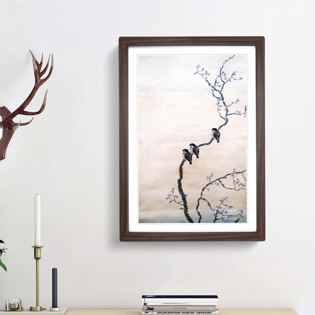 Three Birds on a Branch by Hishida Shunso - Framed Print