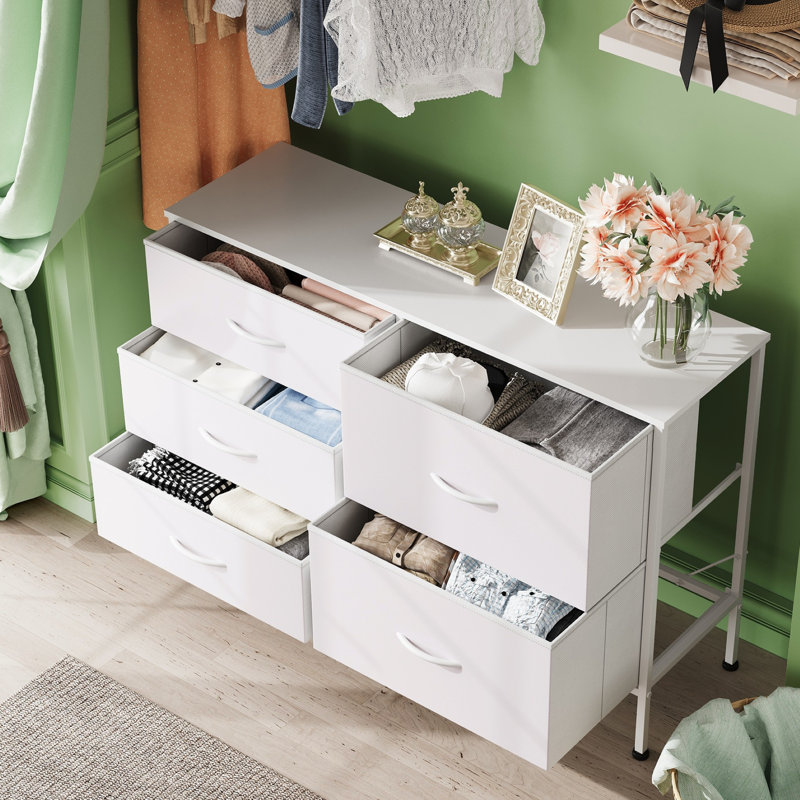 Chaseburg 5-Drawer Dresser With Wooden, 39.4'' White Dresser With Steel Frame, Wide Chest of Drawer For Hallway, Bedroom Dresser