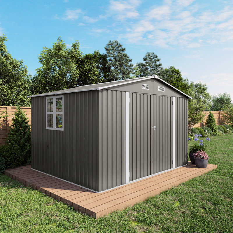 Outdoor Storage Shed 8 Ft In Gray, Made Of Metal With Lockable Double - Doors, Vent Windows, Ideal For Storing Generators, Bicycles, And Proof Gray Garden Tool Ft, Latch On Grills,