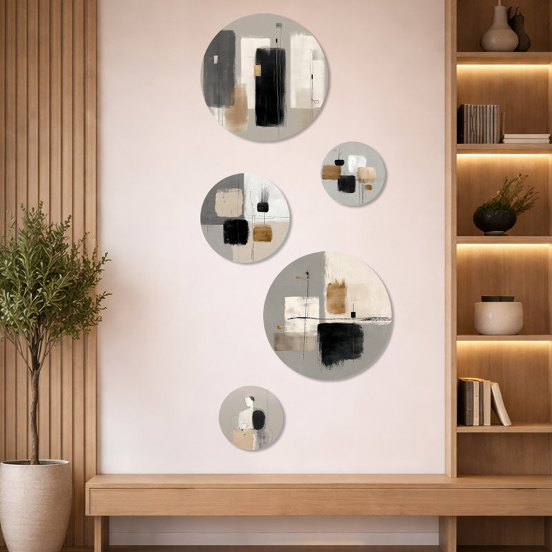 Formes noires avec mélange abstrait de minimalisme gris - ensemble de 5 décorations murales abstraites en métal