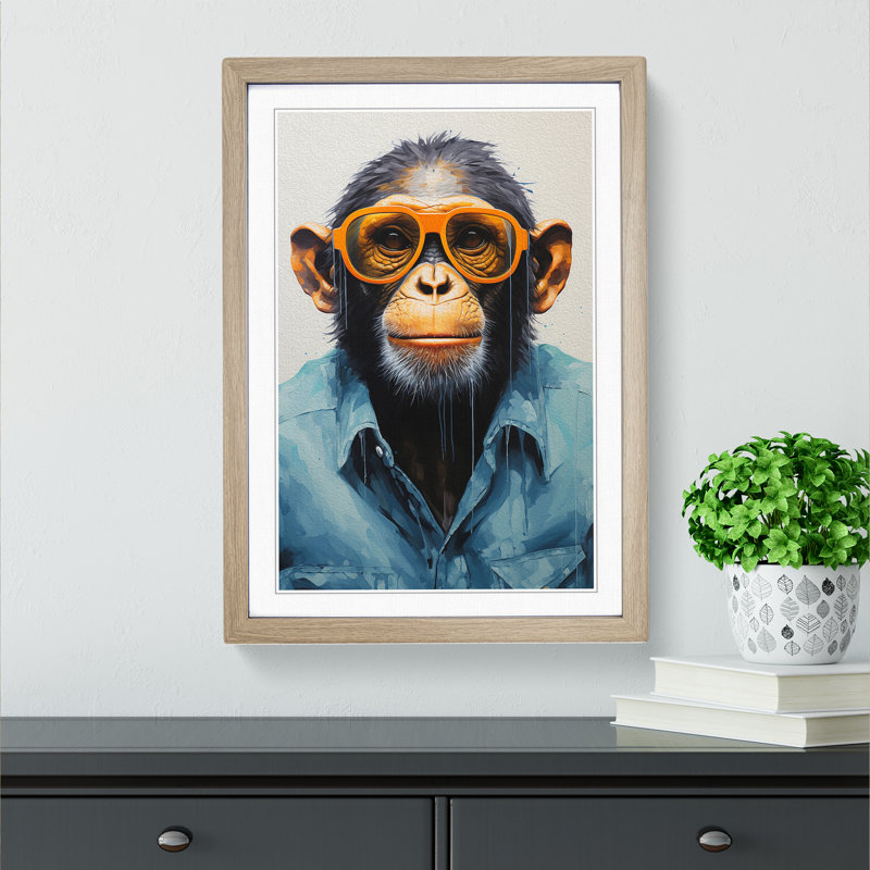 Monkey With Glasses - Single Picture Frame Print on Wood, Oak, 46cm H x 34cm W x 2cm D