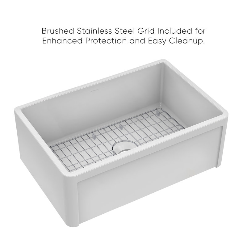 Whitehaus Collection Reversible Fireclay Kitchen Sink with Grid: Three Edge Frame, Plain Front Apron, 10" H x 27" L x 18" W