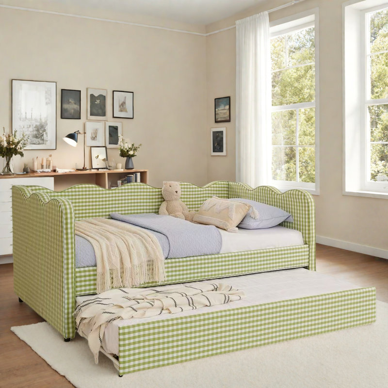 Lit de jour confortable avec couchette, port USB et adorable forme de vague, Vert