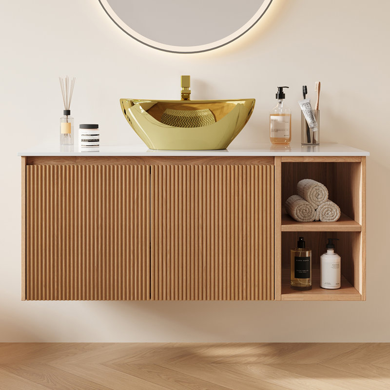 Armoire de salle de bain moderne en bois 36 "avec lavabo en céramique blanche 36"
