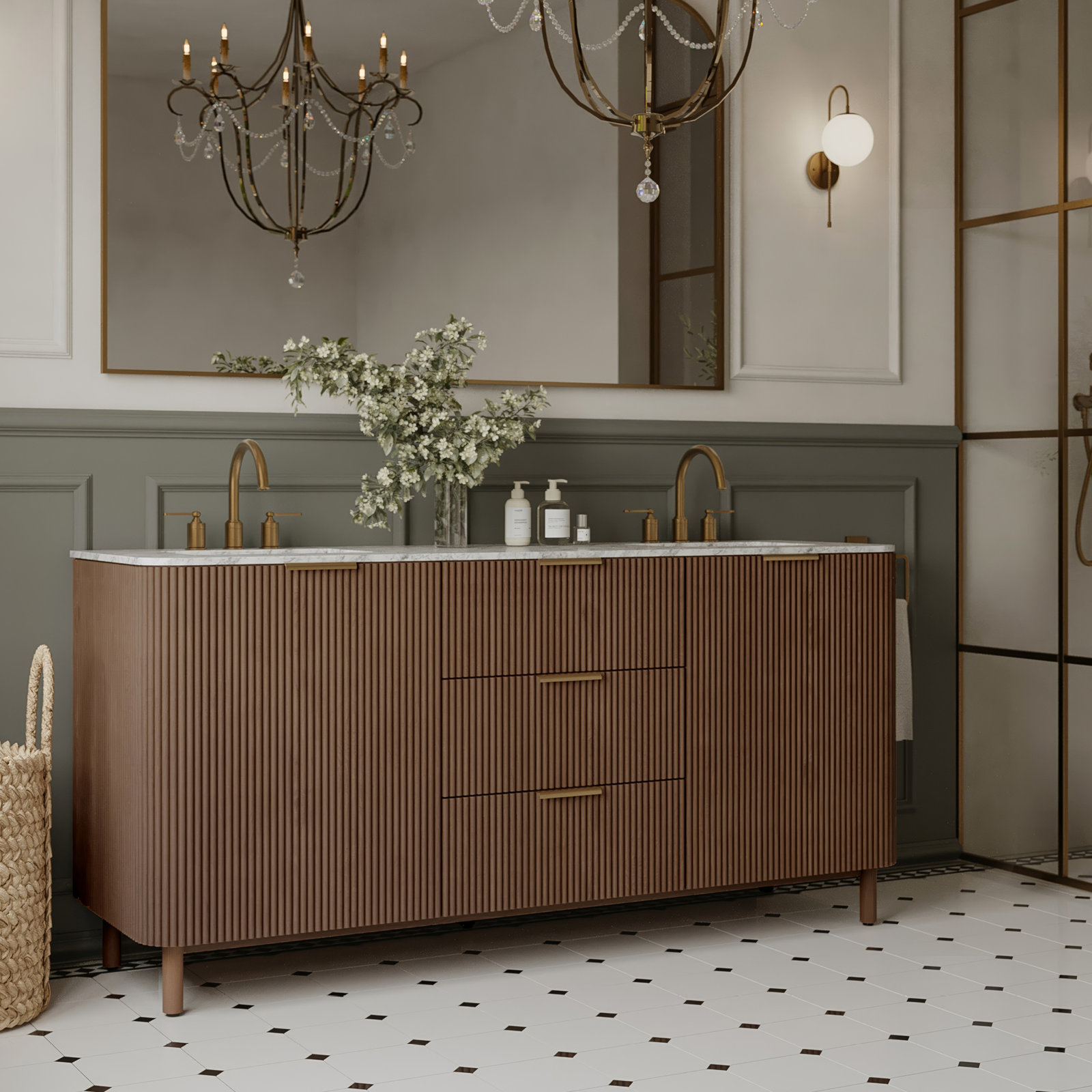 Nova 72" Carrara Marble Double Bathroom Vanity, Brown Reeded Birch