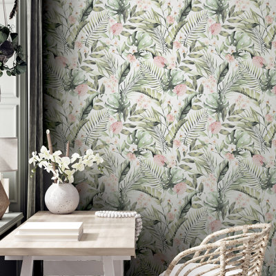 Harrietta Sea Green Tropical Floral Wallpaper