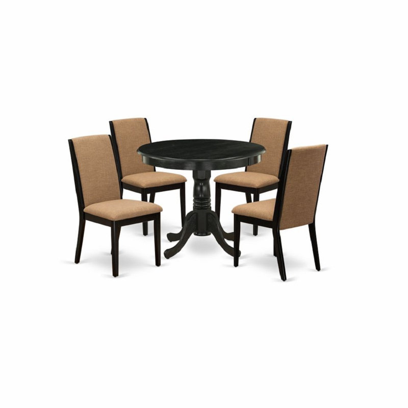 Ensemble de table de salle à manger moderne 5 pièces comprenant une table de cuisine ronde avec piédestal et 4 chaises rembourrées en tissu de lin sable clair, 36 x 36 po, noir brossé