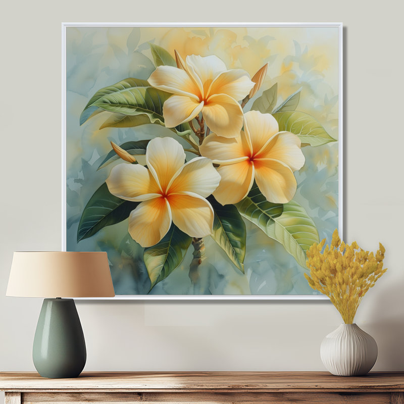 Décoration murale jaune et blanc Plumeria Tropical Dream - Plumeria, Toile encadrée flottée blanche