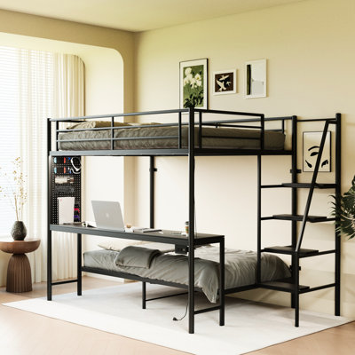 Full Size Bunk Bed Featuring Twin, Led, Workspace, And Shelves For Organizing Stuff Loft With Black Finish, Charging Socket, Storage Shelves, Metal Frame
