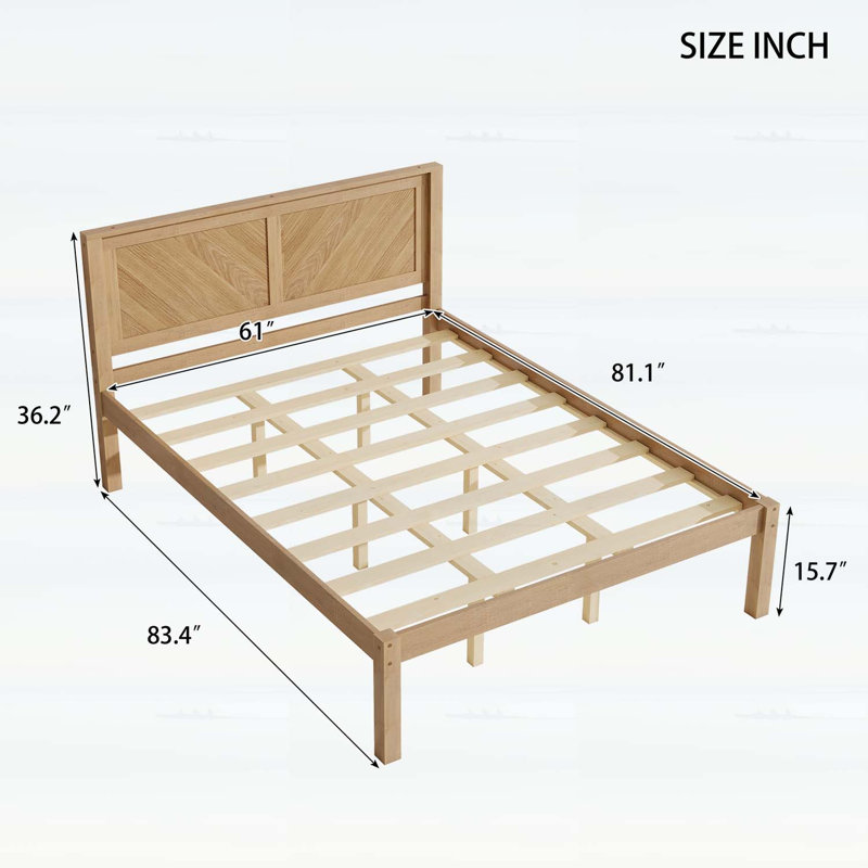 Structure de lit plateforme grand en bois avec tête de lit à chevrons, style campagnard, rangement sous le lit, aucun sommier requis, finition chêne naturel