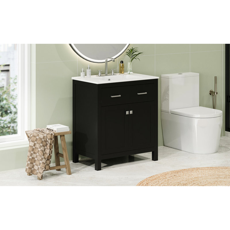 Meuble-lavabo de 30 po avec lavabo en céramique, armoires noires modernes, 2 portes et tablette spacieuse pour une conception efficace