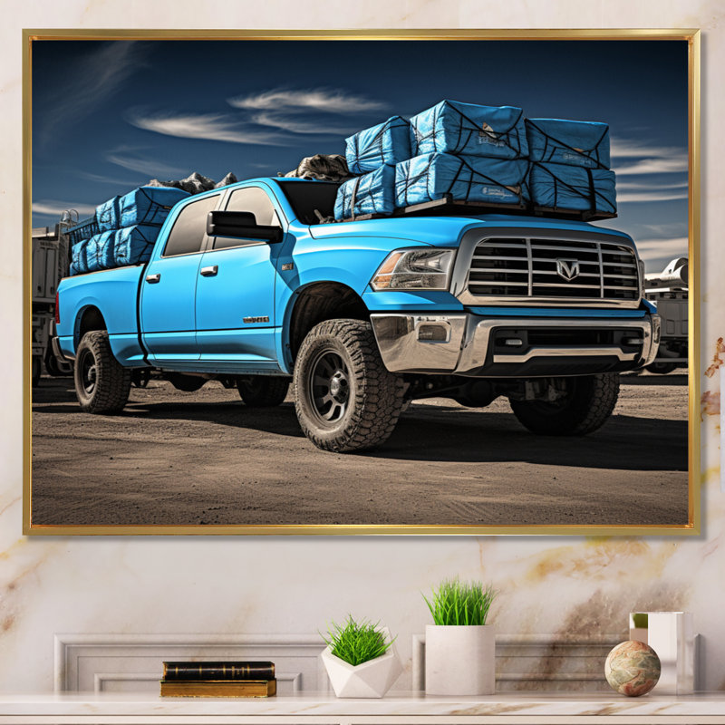 Teal Pickup Truck Cargo Carrier - Transportation Wall Decor, Cadre flottant doré, H 24 po x l 32 po