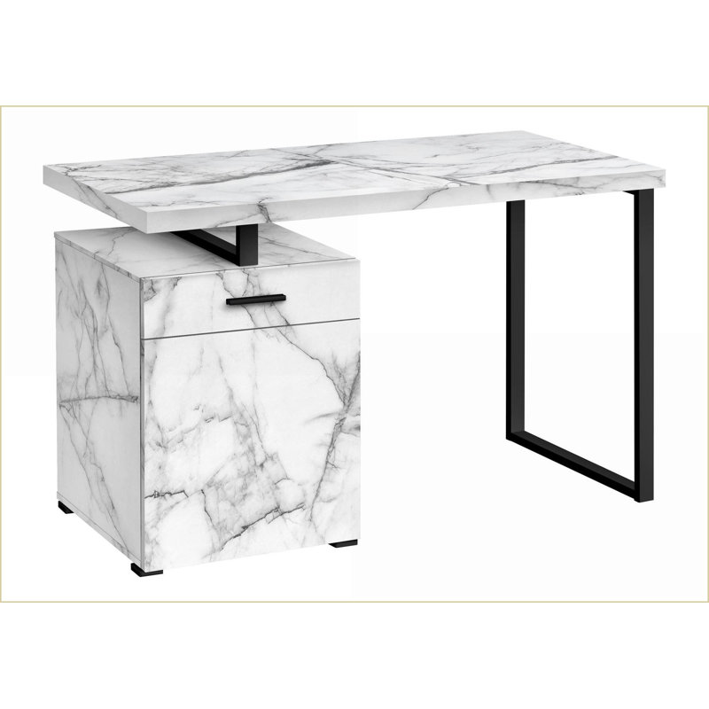 Bureaux, bureau d'ordinateur moderne de 48 po avec rangement gauche / droite, stratifié en marbre blanc et métal noir | Blanc | Panneau de particules