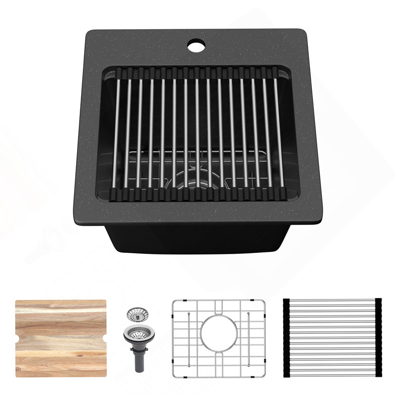 Évier de bar à montage sur comptoir en quartz - Évier de cuisine à simple cuve en composite de granit noir 15 po x 15 po x 9,65 po