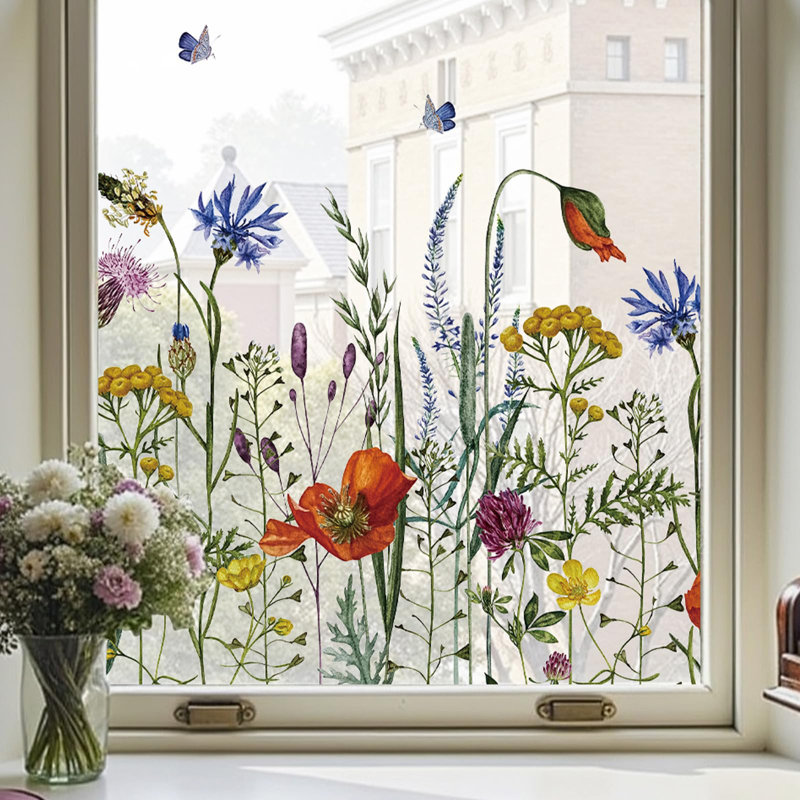 Add.heres Window Privacy Film, Floral Window Stickers, Removable Diy Bouquet Static Clings, Decals For Home School Office Party Supplies, Butterfly Among The Flowers, 17.5 X 78.7 In