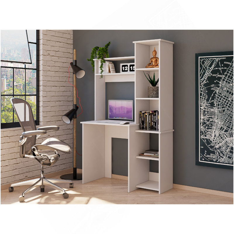 Bureau, cinq tablettes, deux tablettes supérieures, blanc, White