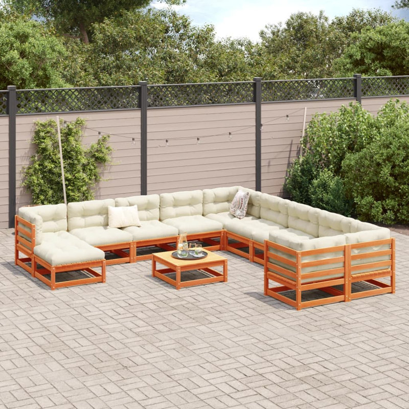  Ensemble de canapé de jardin modulaire en bois de pin massif brun, Coussin beige / structure brune