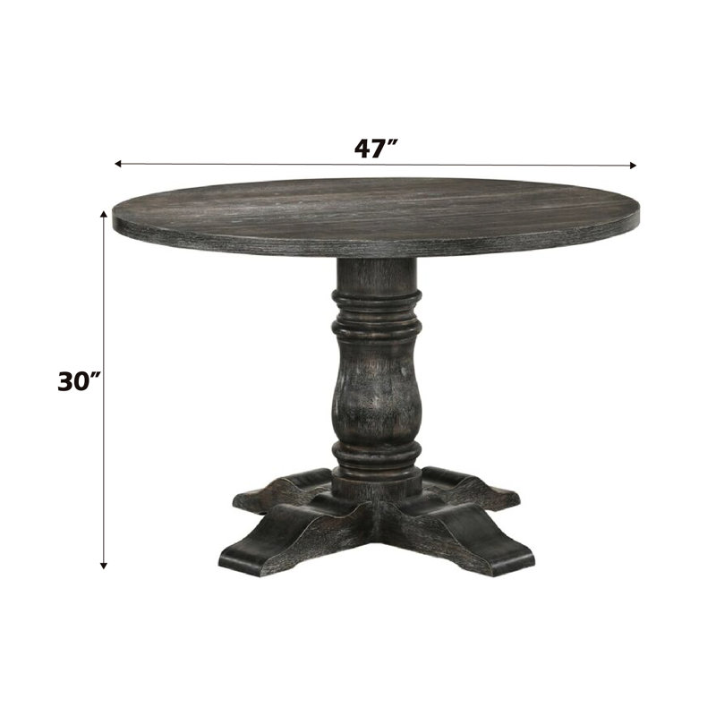 Table ronde simple à piédestal gris vieilli pour la salle à manger, placage de chêne noueux et plateau fixe, support colonne 14 po Empire, 47 po x 47 po x 36 po, 99 lb, table de finition rustique fonctionnelle, surface, base, 47 po