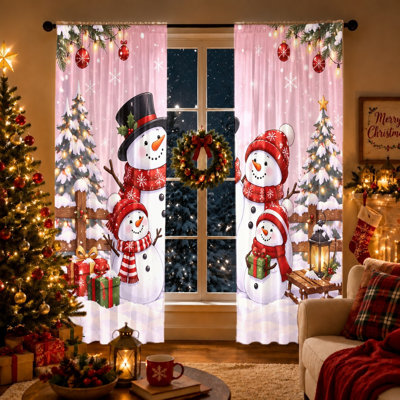 2Pcs Cute Snowman Winter Christmas Curtains Rod Pocket Light Filtering Window Drapes For Bedroom Living Room Kitchen Holiday Decorations