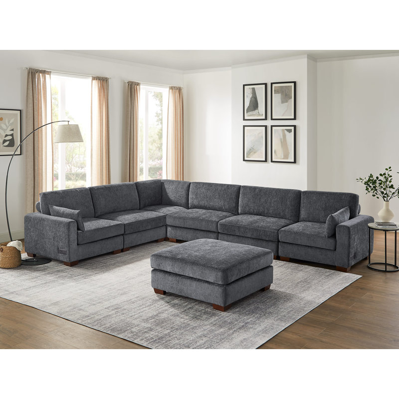 Chayten 7-Piece L-Shaped Upholstered Sectional Couch With 2 USB Ports, 1 Portable Ottoman, Gray Polyester