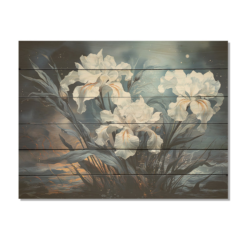 Iris aux tons gris orageux Expession - iris, art mural sur bois de pin naturel, H 24 po x l 32 po
