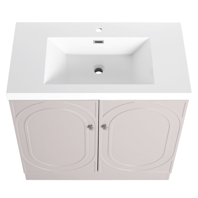 36" Bathroom Vanity In Khaki Color. Resin Sink & 2 Soft-Close Cabinet Doors. Modern Style, Spacious Storage. Basin, Hinges, Elegant Metal Handles. Plywood. Assembly Required Freestanding With White