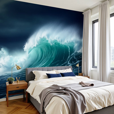 Coastal Peel and Stick Wallpaper Powerful Ocean Wave Crashing Turquoise Water Spray Wall Murals 100"H x 144"W Removable PVC Wall Paper Self-Adhesive Wall Decor for Bedroom Living Room Bathroom Office