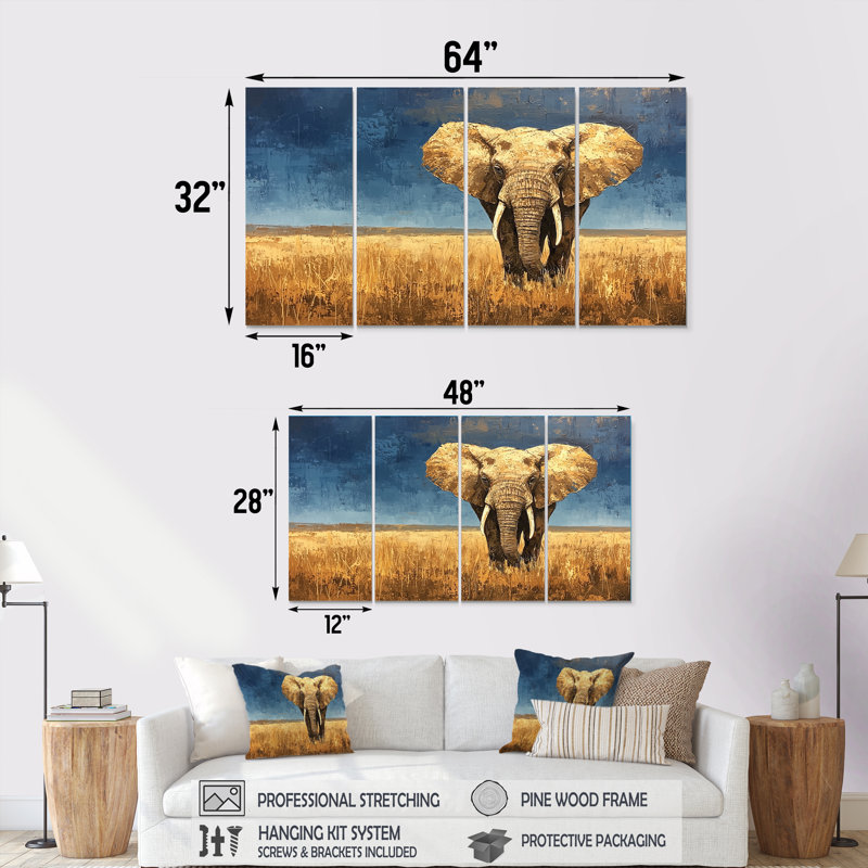 Éléphant dans les plaines d'Afrique I - Art mural animal éléphant - Art mural moderne sur toile, H 28 po x l 48 po